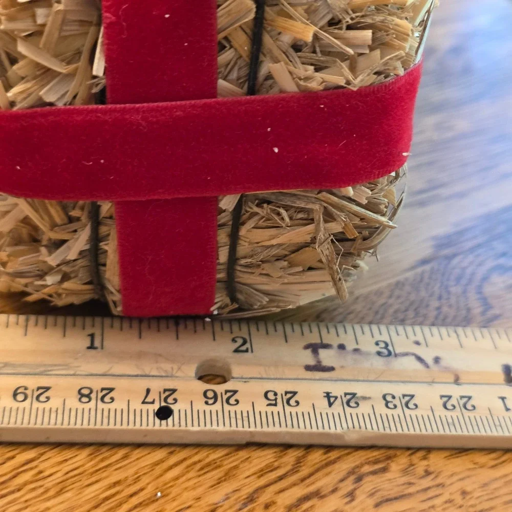 Vintage Flocked Santa Claus on Straw Hay Bale Christmas Centerpiece Red Velvet